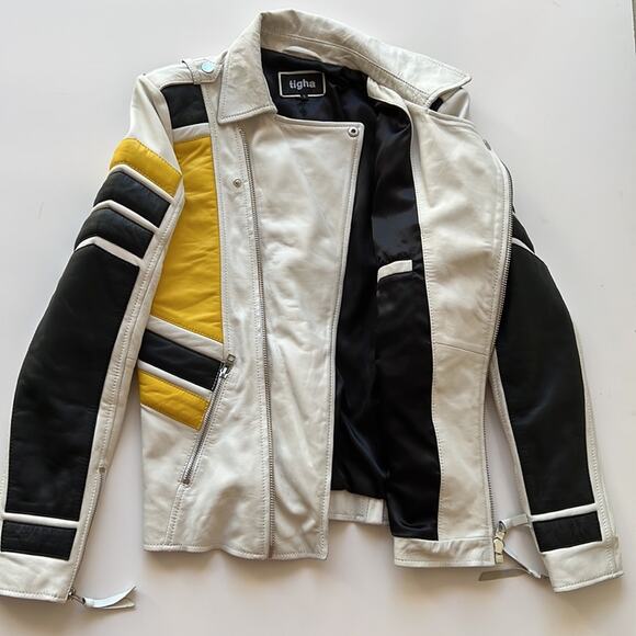 Tigha Leather Biker Jacket in White Yellow Black - Picture 6 of 16
